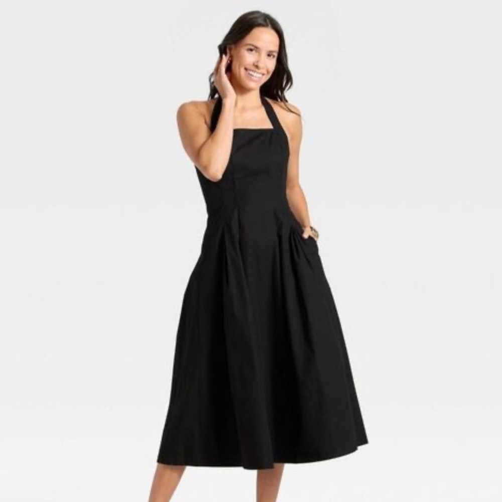 a new day Elegant Black Halter Midi Dress